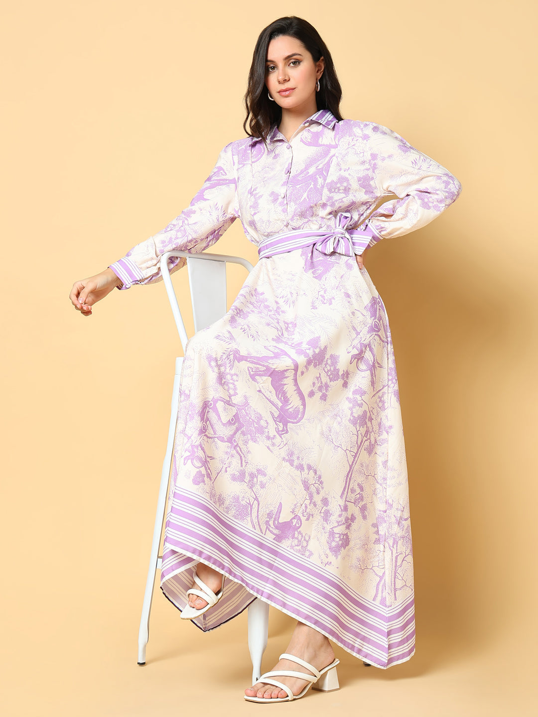 Women Printed Purple A-Line Dress with Belt