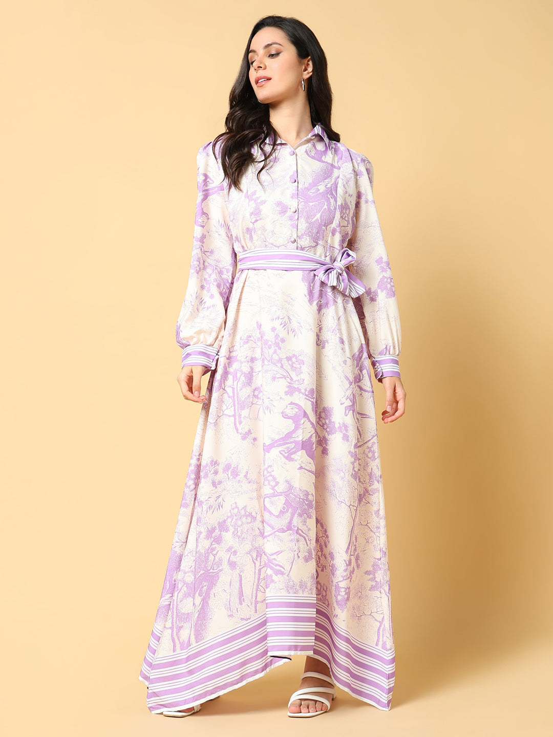 Women Printed Purple A-Line Dress with Belt