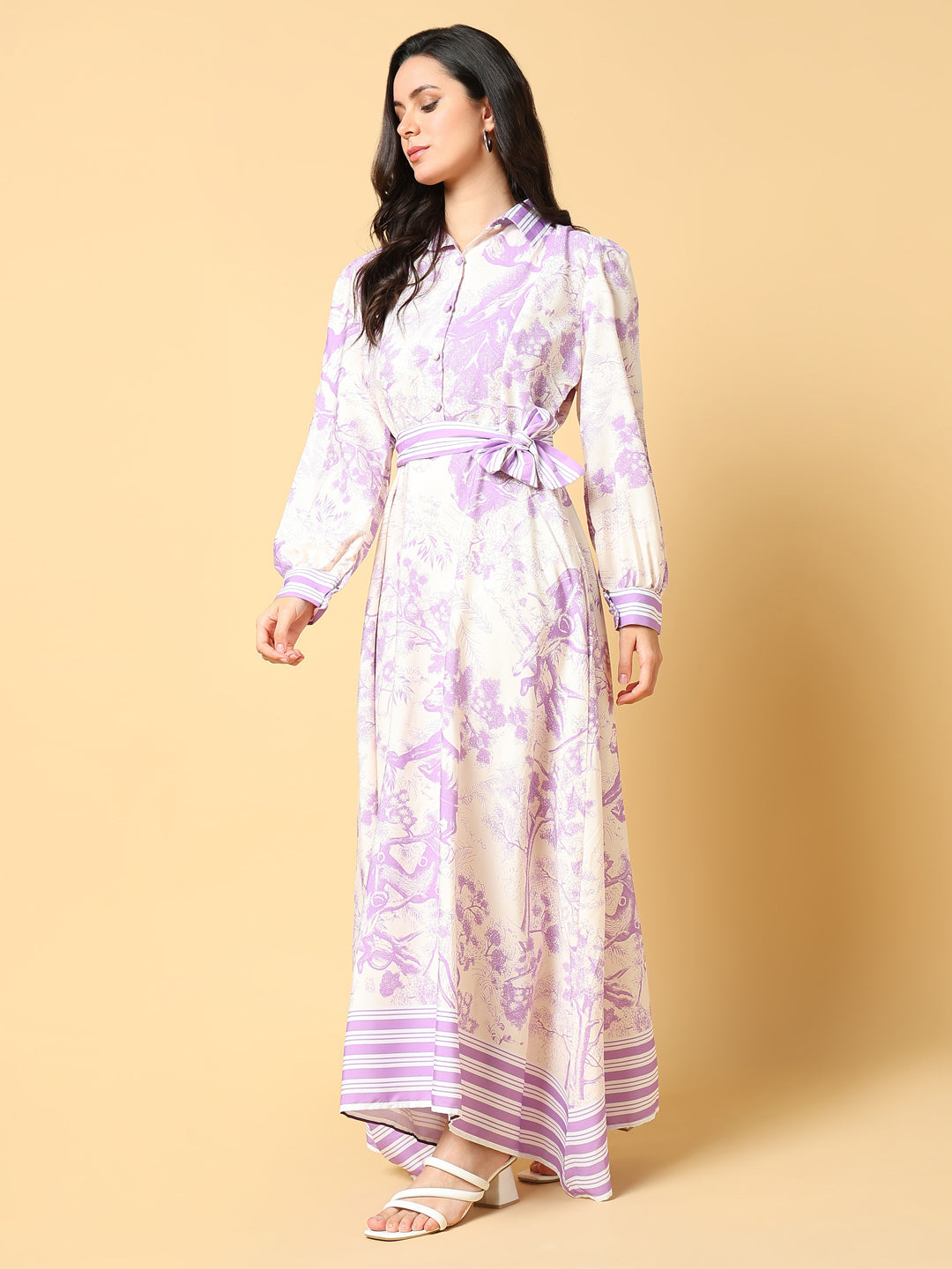 Women Printed Purple A-Line Dress with Belt