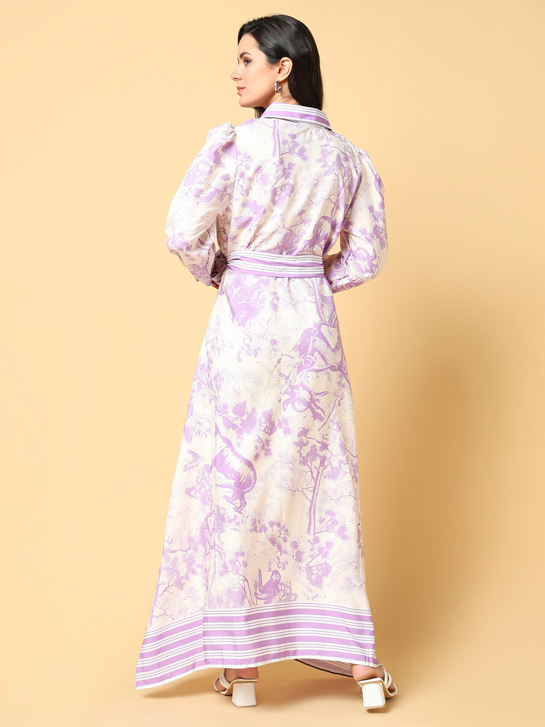 Women Printed Purple A-Line Dress with Belt