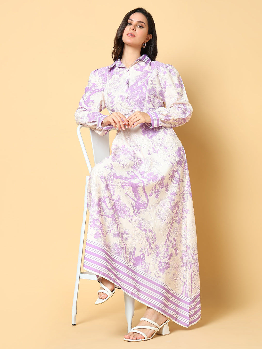 Women Printed Purple A-Line Dress with Belt