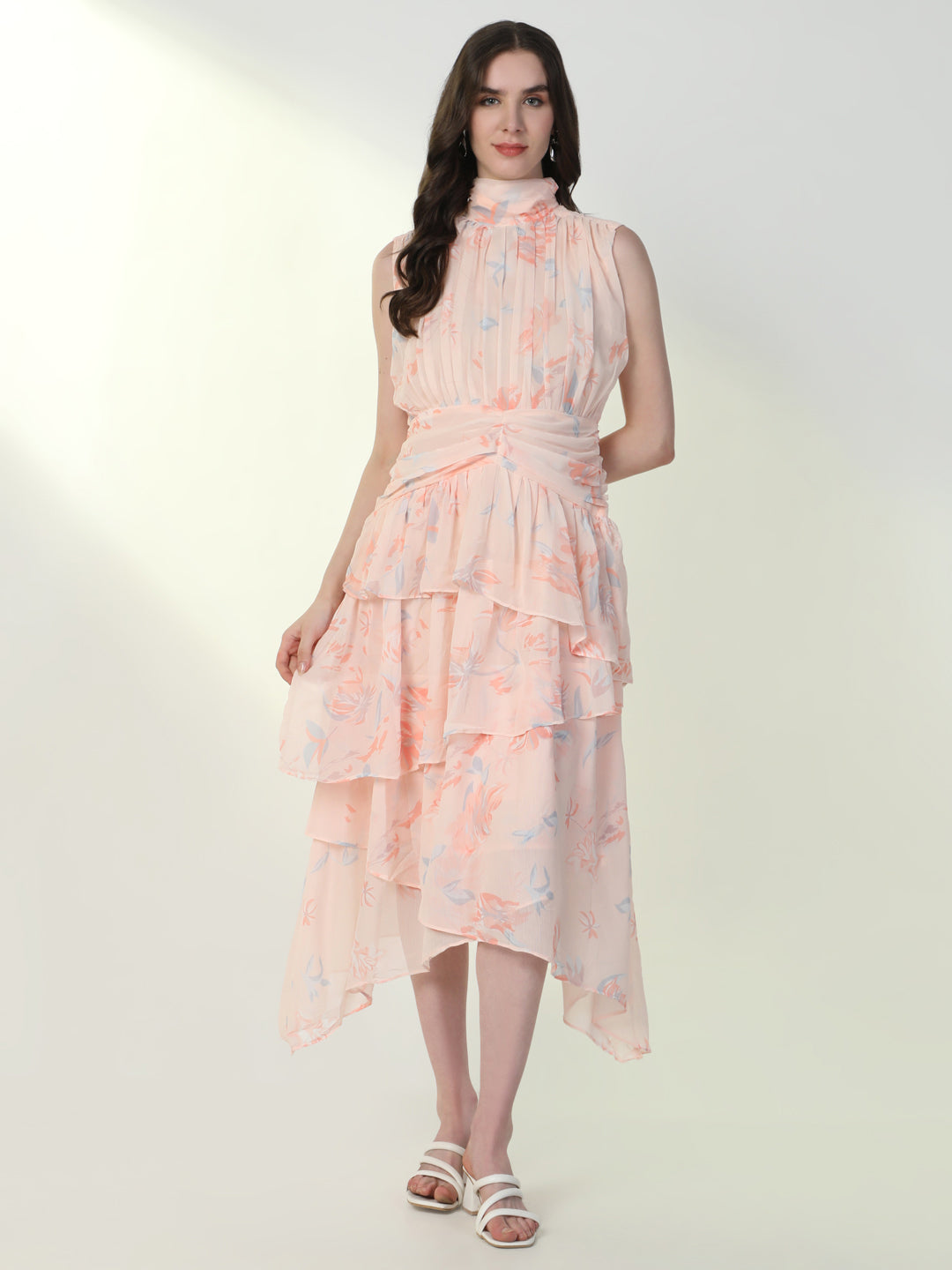 Women Floral Peach Flared Dress