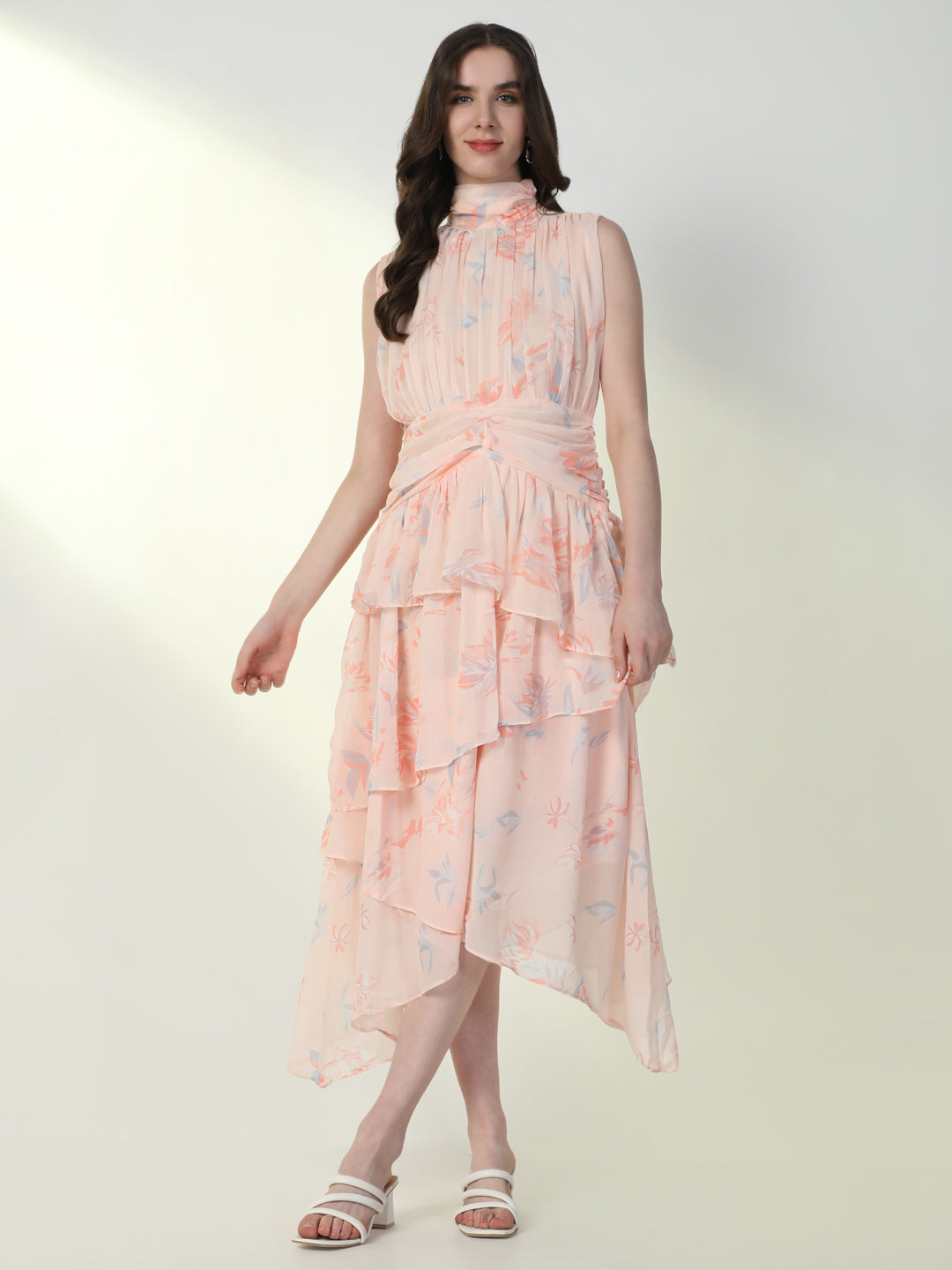 Women Floral Peach Flared Dress