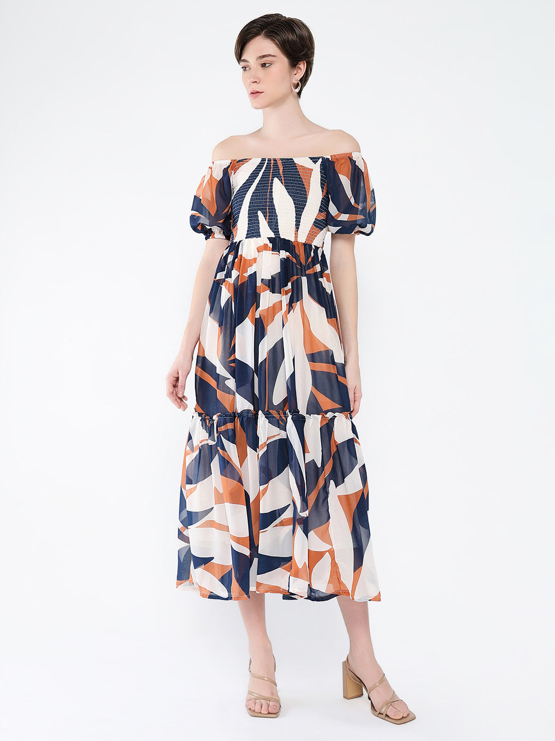 Women Printed Navy Blue Fit and Flare Dress