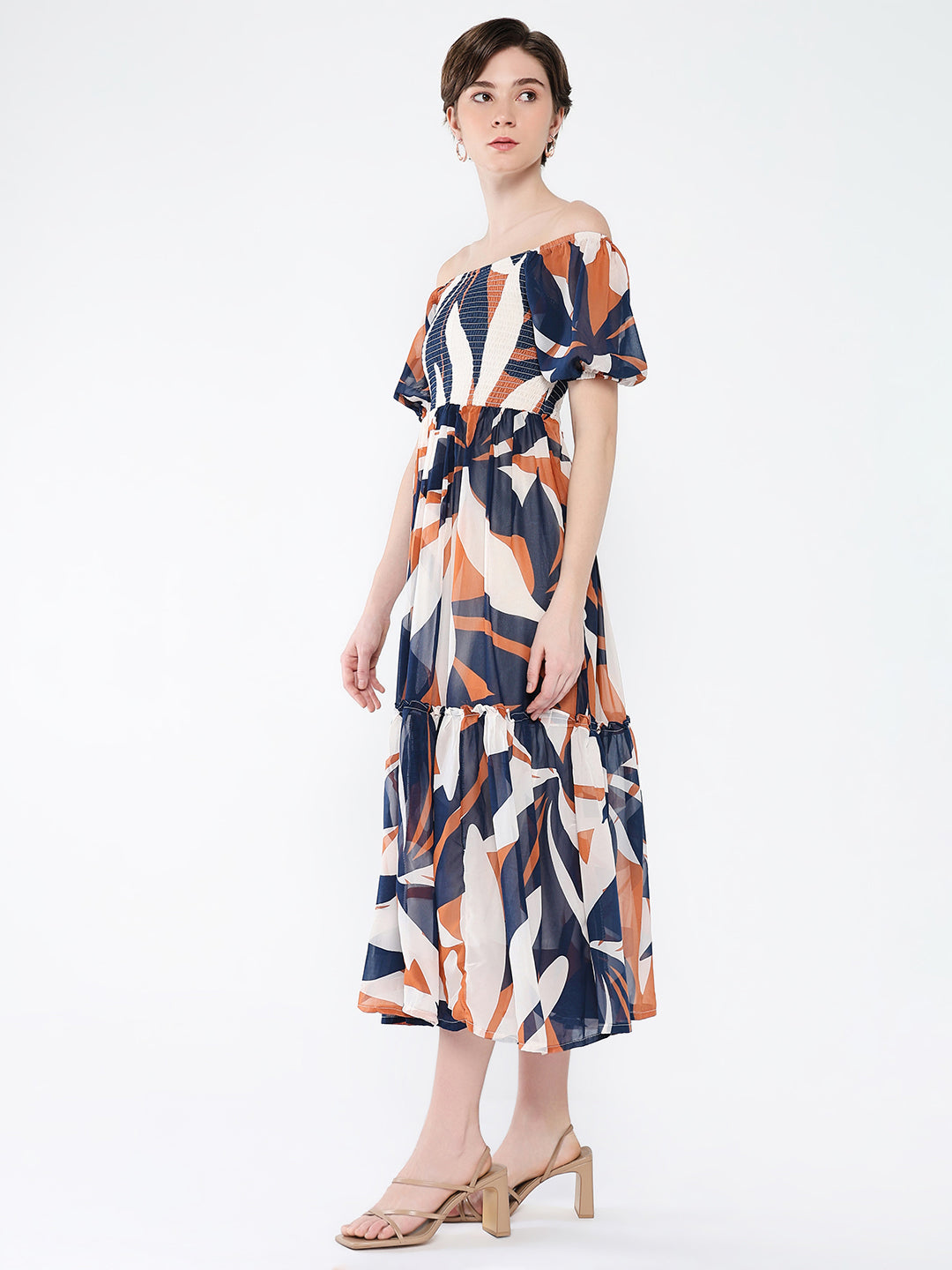 Women Printed Navy Blue Fit and Flare Dress