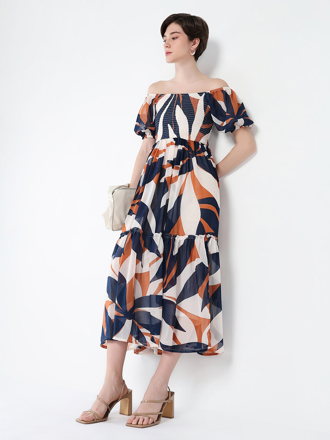 Women Printed Navy Blue Fit and Flare Dress