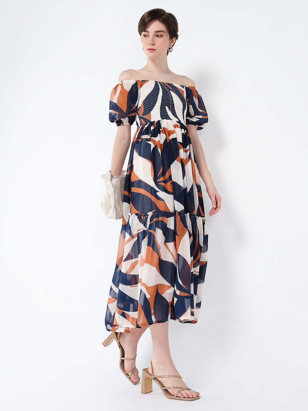 Women Printed Navy Blue Fit and Flare Dress