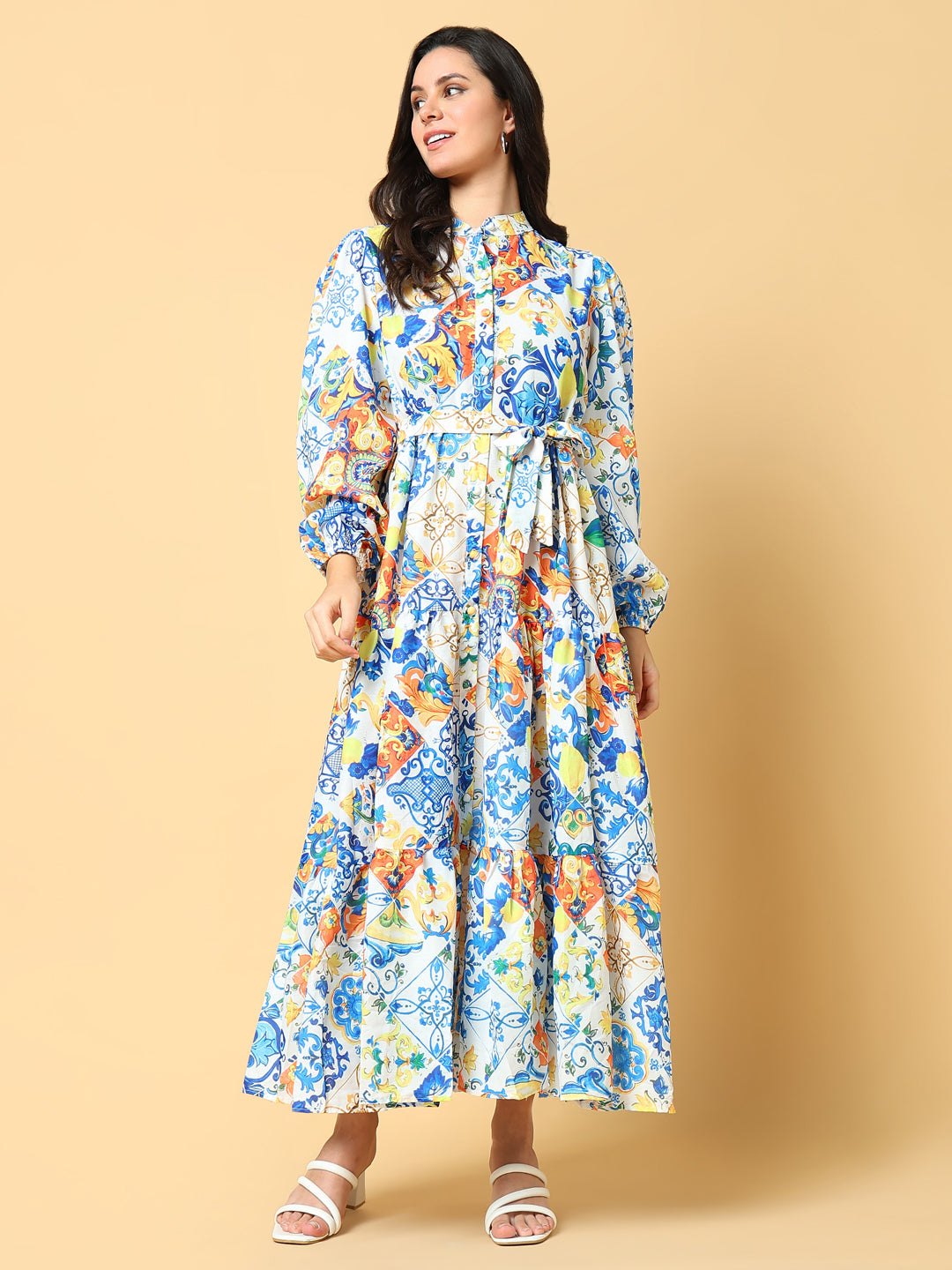 Women Printed Blue Fit and Flare Dress with Belt