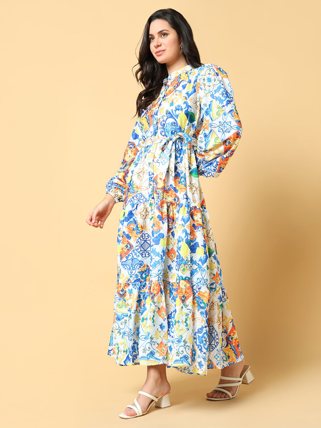 Women's Printed Blue Fit and Flare Dress with Belt