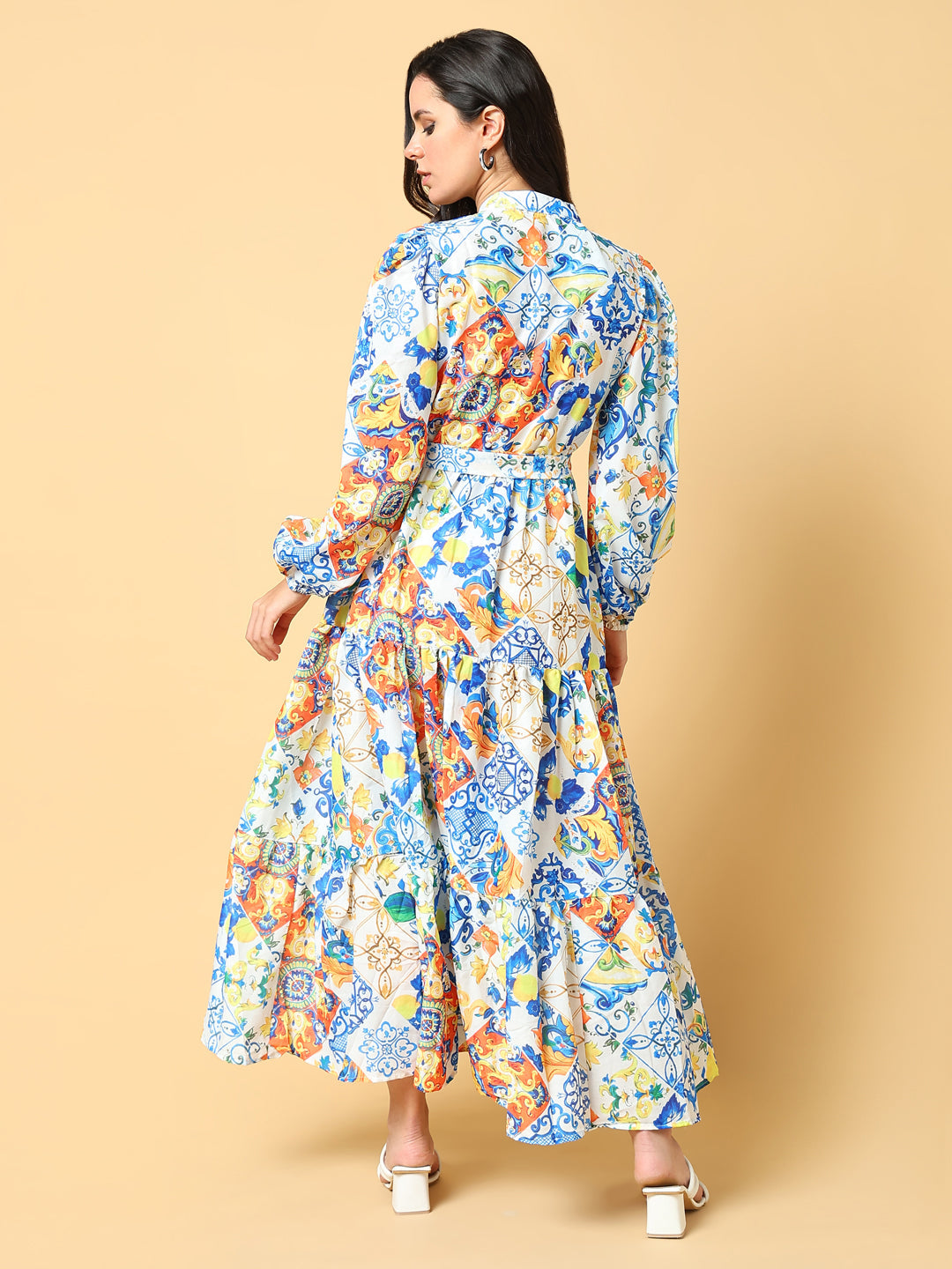 Women's Printed Blue Fit and Flare Dress with Belt