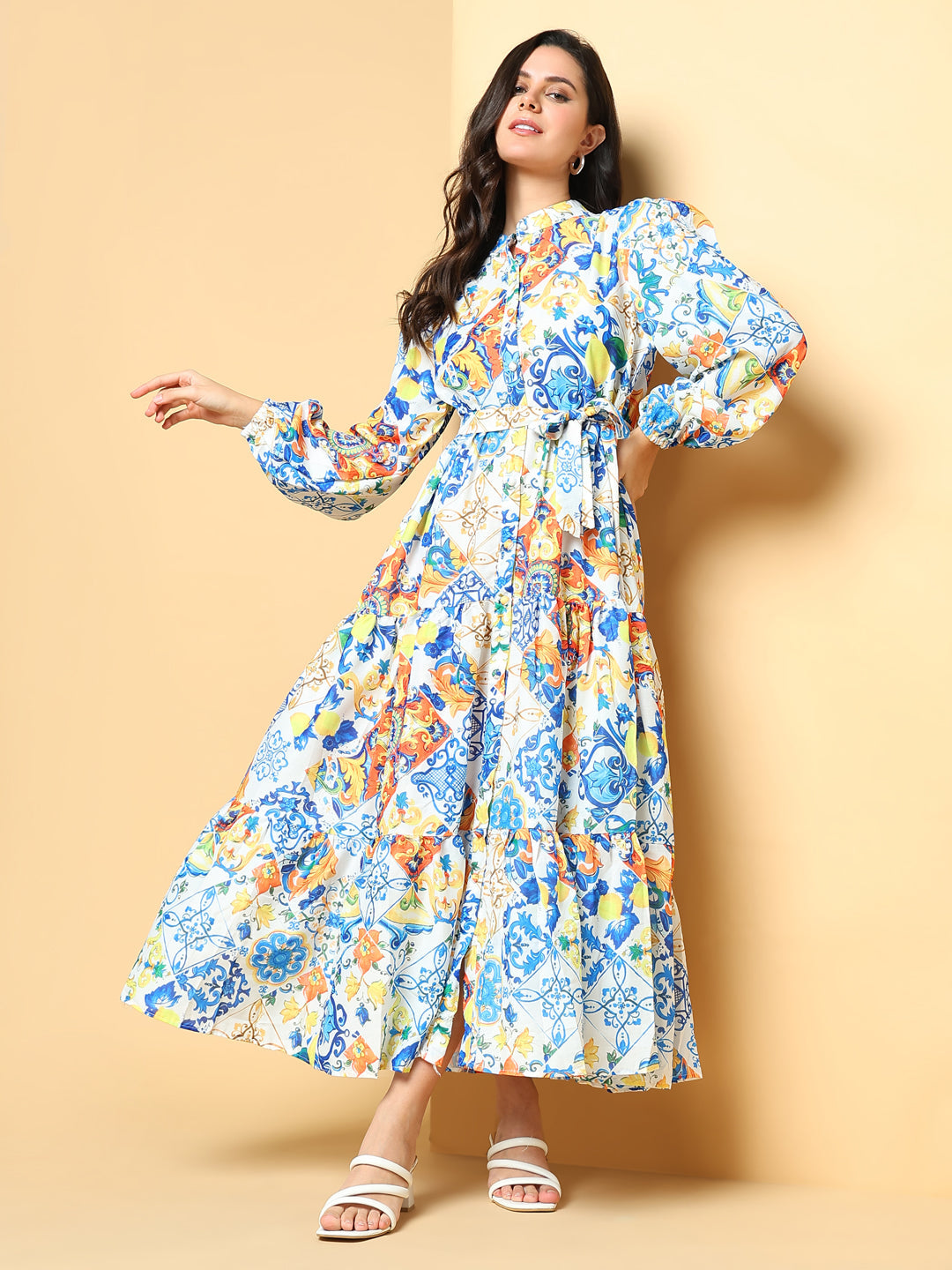 Women's Printed Blue Fit and Flare Dress with Belt