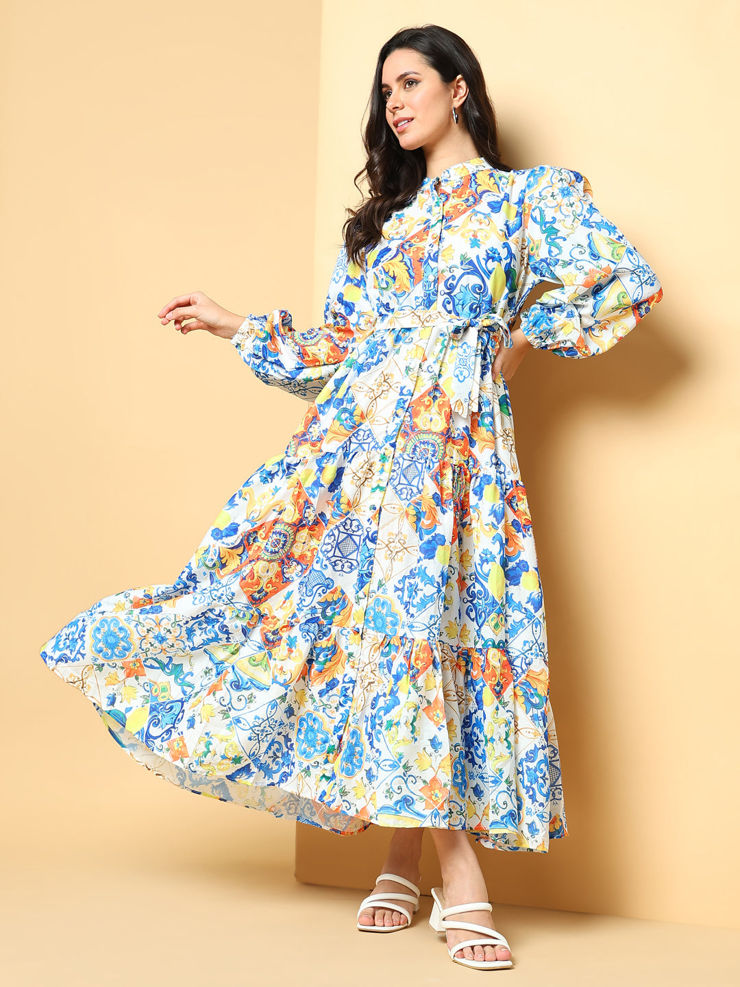 Women's Printed Blue Fit and Flare Dress with Belt