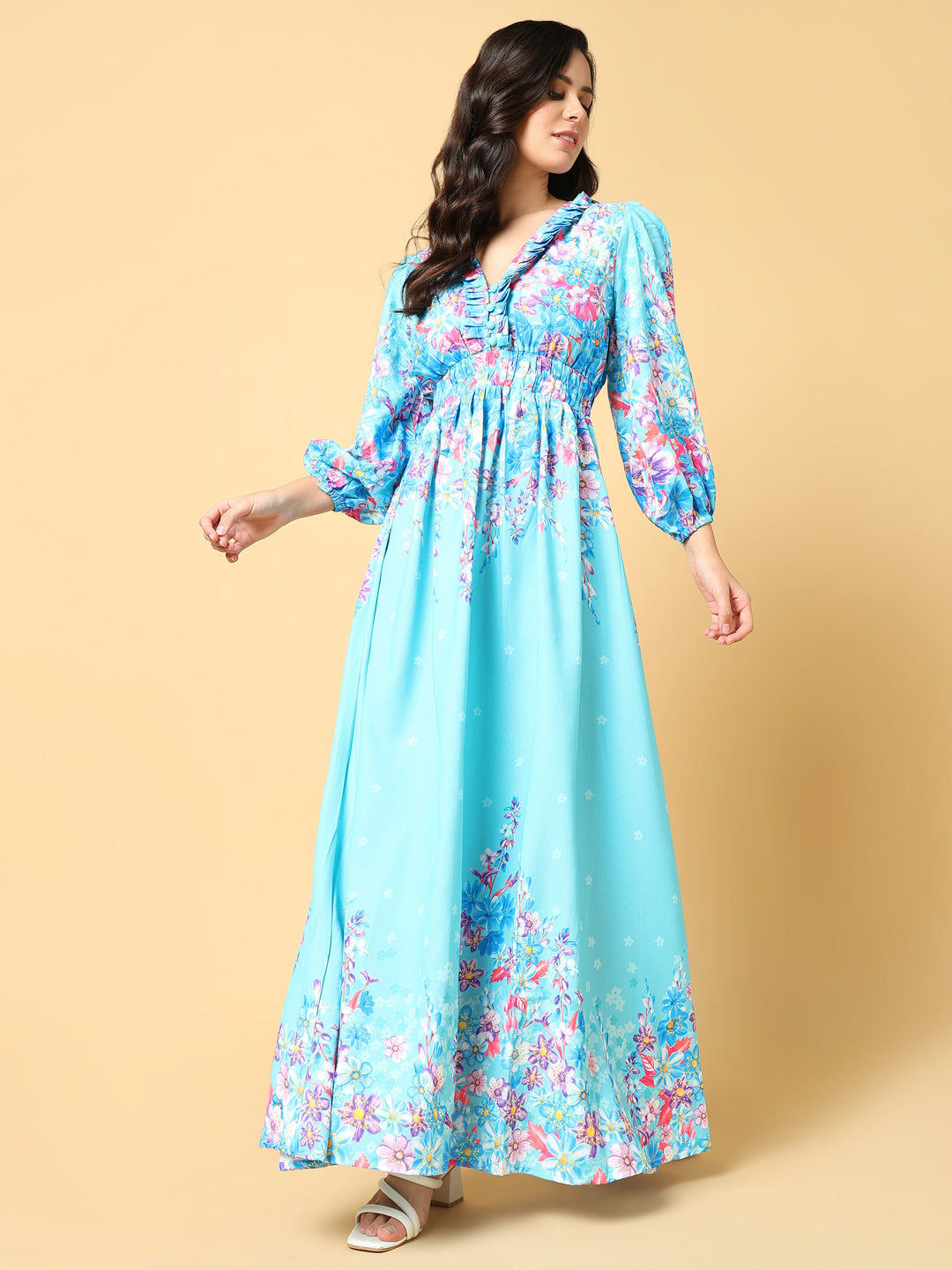 Women Printed Blue Fit and Flare Dress