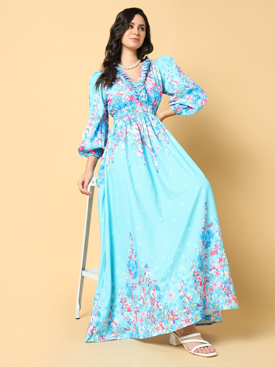 Women Printed Blue Fit and Flare Dress