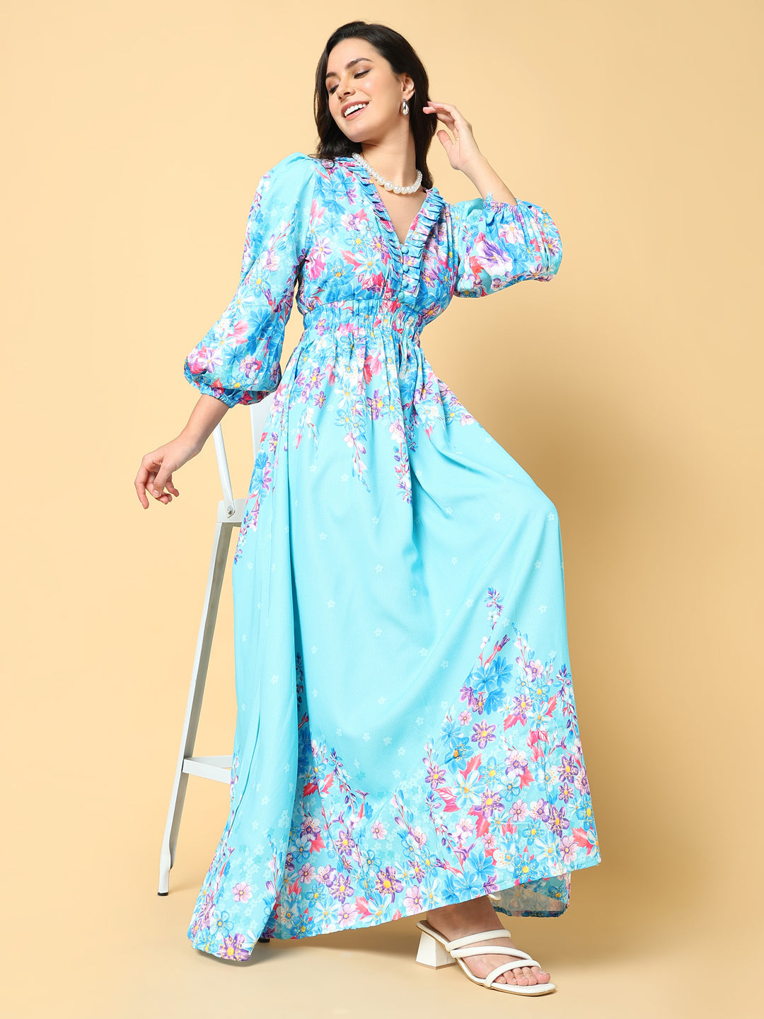 Women Printed Blue Fit and Flare Dress