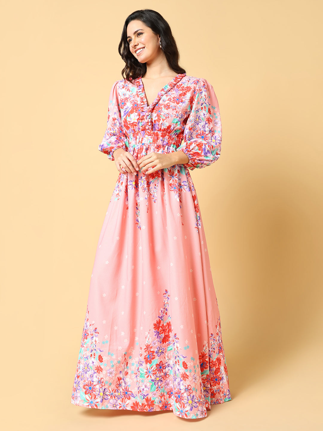 Women Printed Pink Fit and Flare Dress