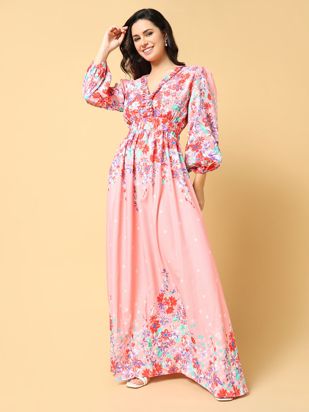 Women Printed Pink Fit and Flare Dress