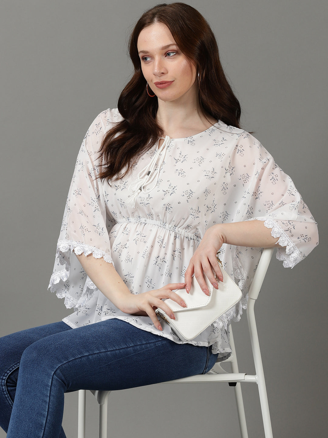 Women's Printed White Kaftan Top