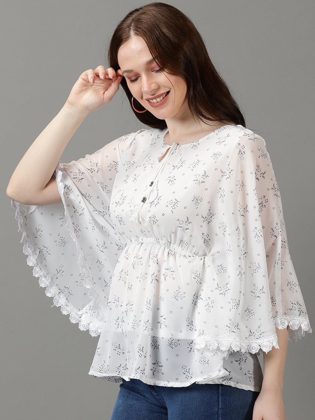 Women's Printed White Kaftan Top