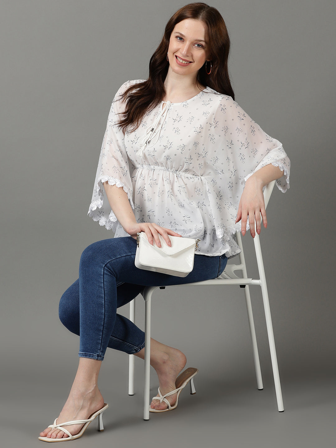 Women's Printed White Kaftan Top