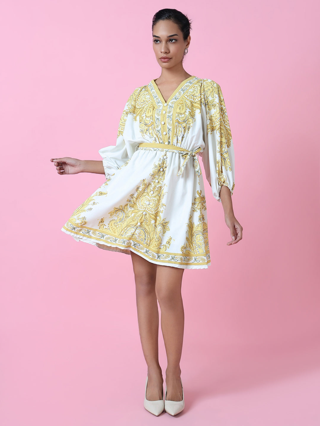 Women Yellow Graphic Fit and Flare Dress