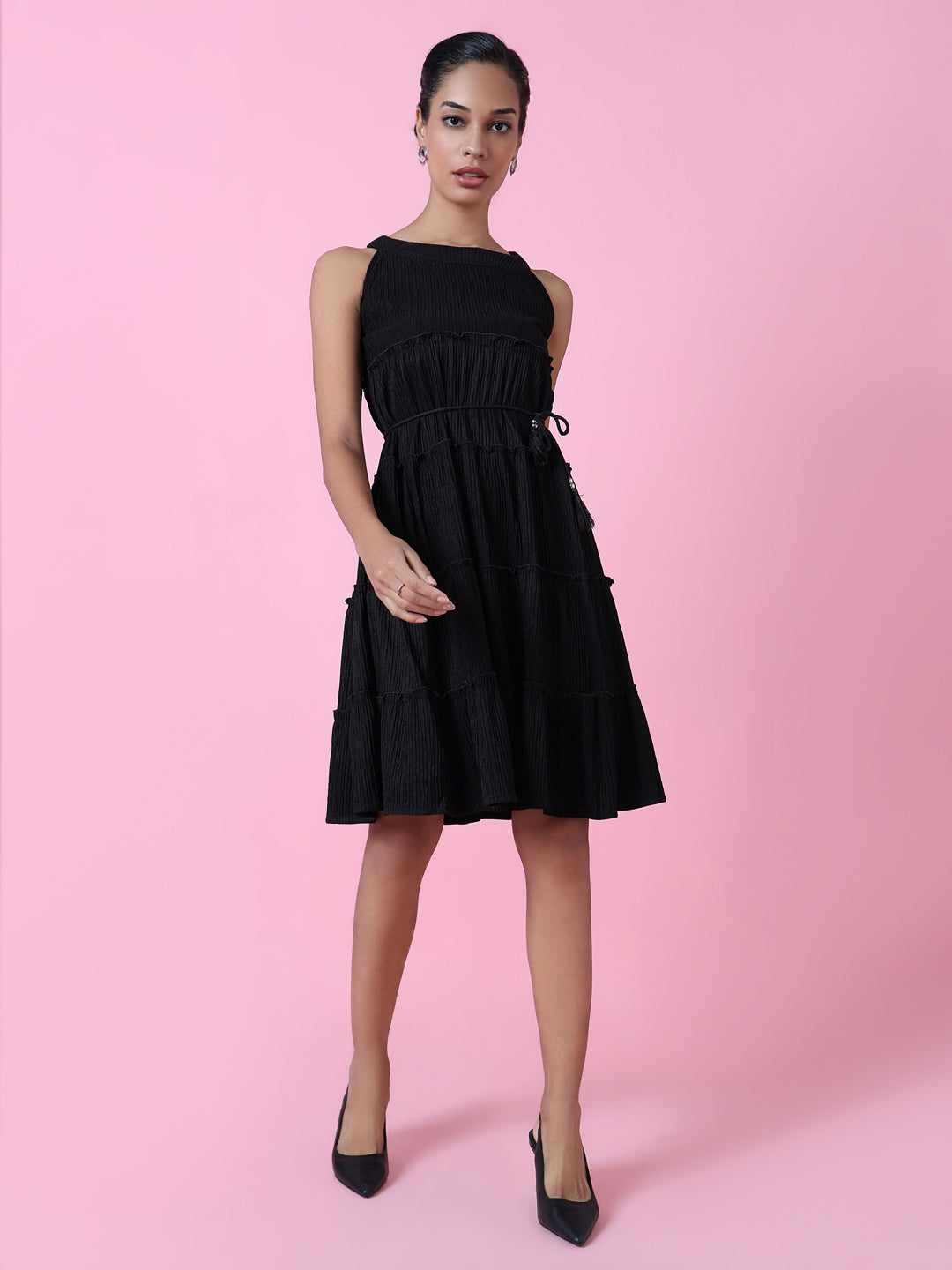 Women Black Solid Fit and Flare Dress