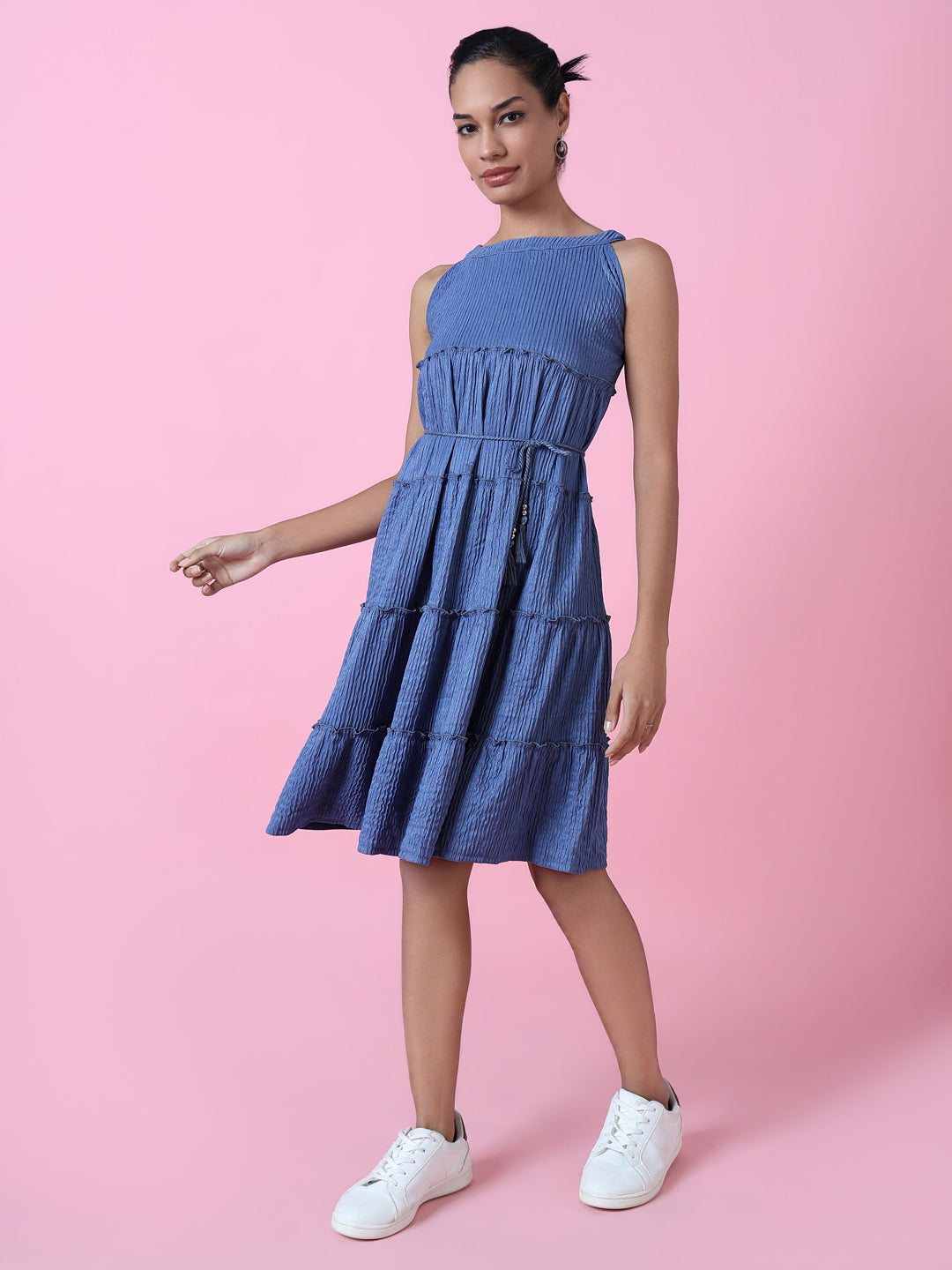 Women Blue Solid Fit and Flare Dress