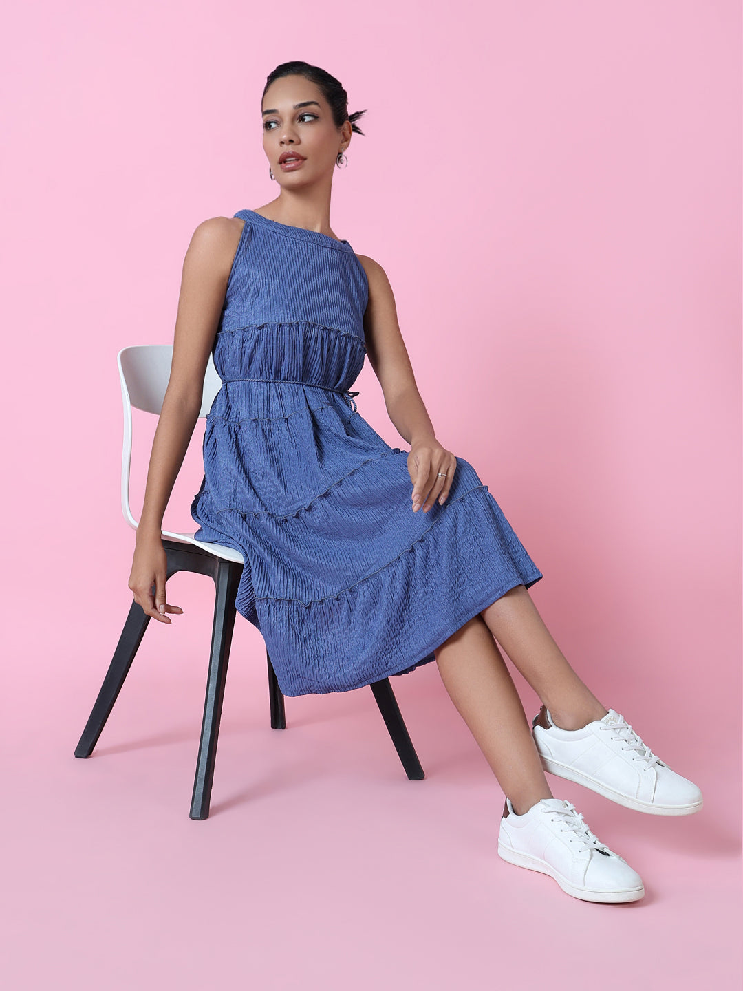 Women Blue Solid Fit and Flare Dress