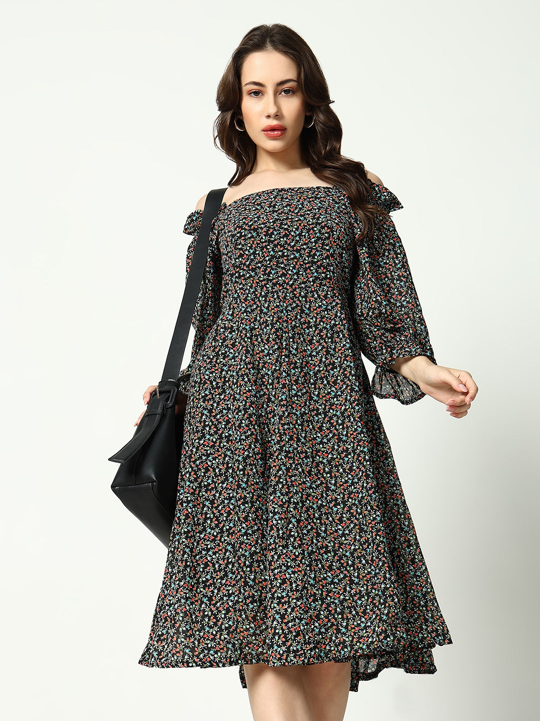 Women's Black Printed Fit and Flare Dress