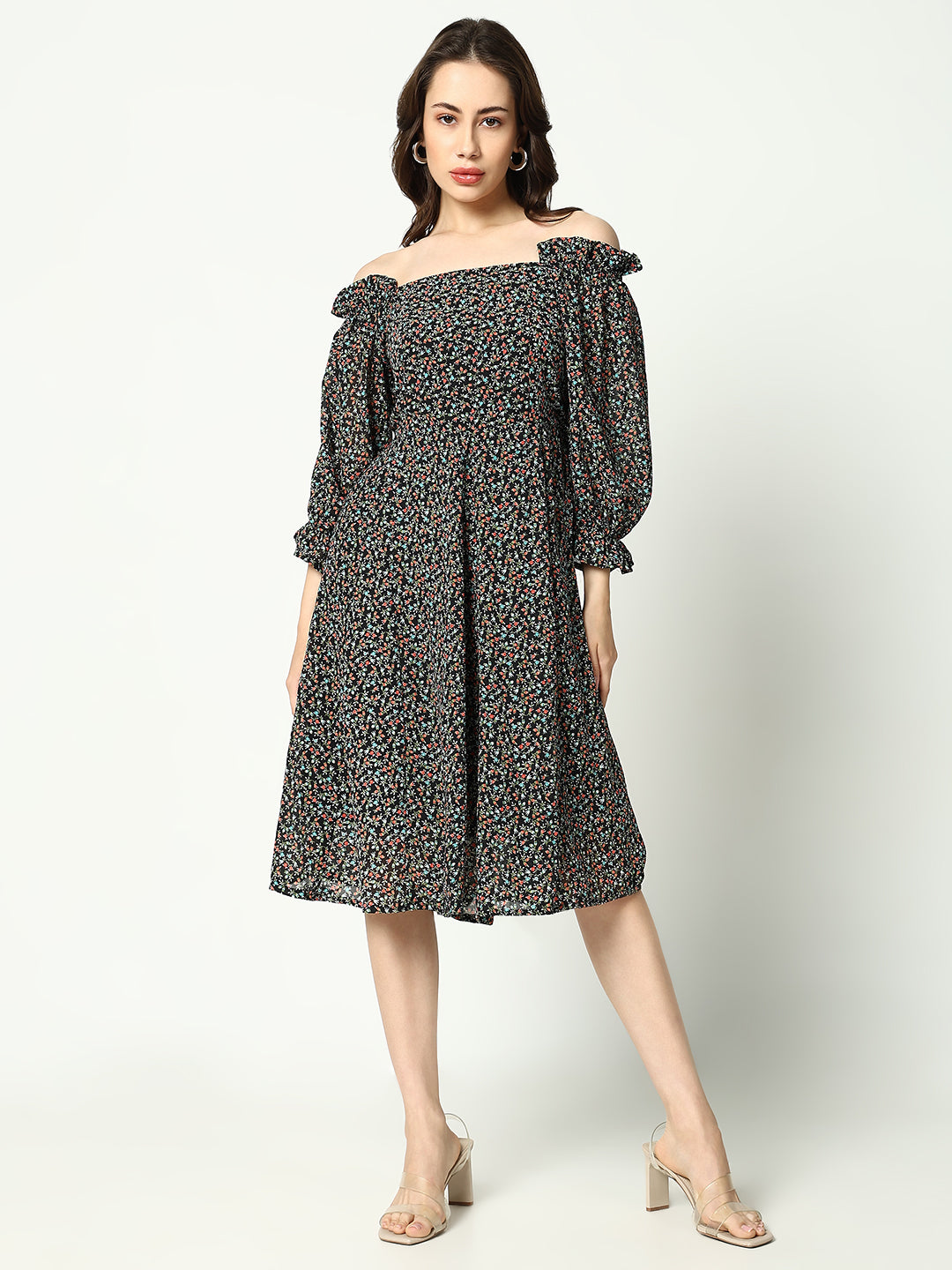 Women's Black Printed Fit and Flare Dress