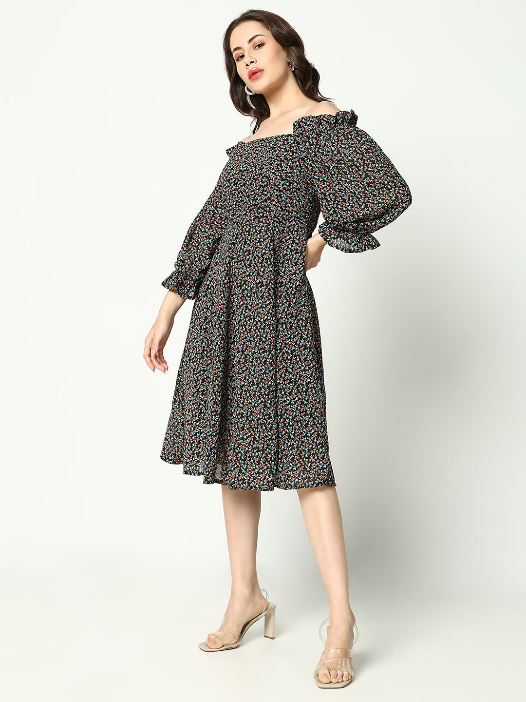 Women's Black Printed Fit and Flare Dress