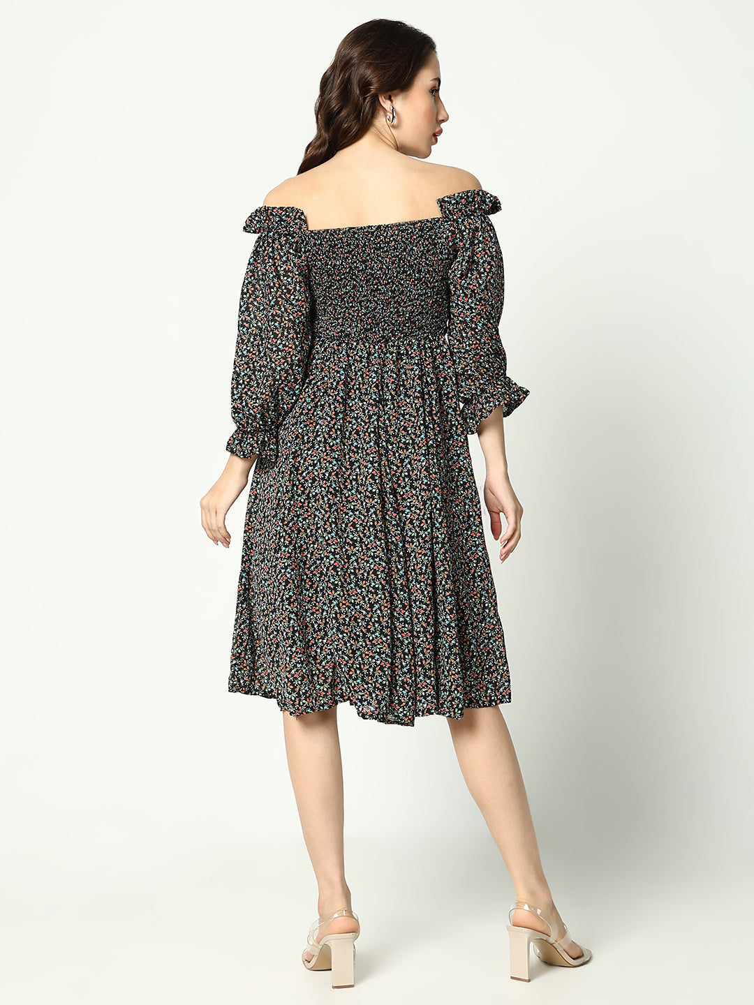 Women's Black Printed Fit and Flare Dress