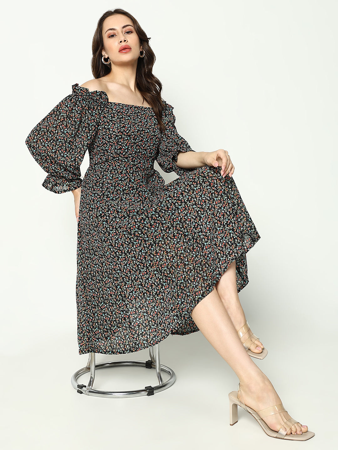 Women's Black Printed Fit and Flare Dress