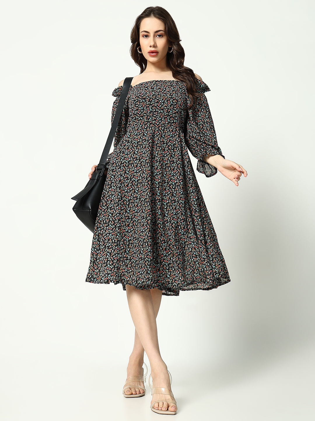 Women's Black Printed Fit and Flare Dress