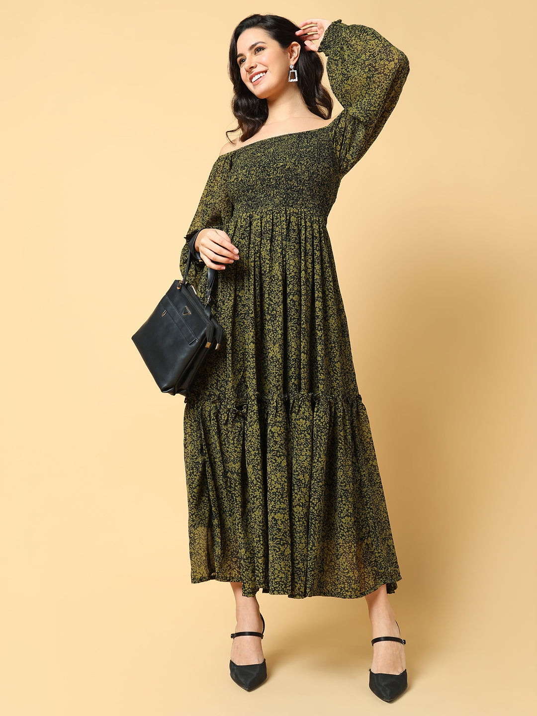 Women Printed Green Fit and Flare Dress