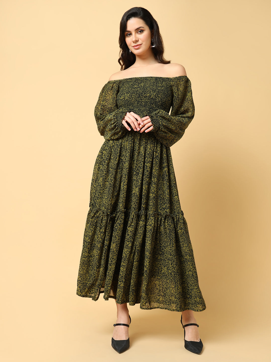 Women Printed Green Fit and Flare Dress