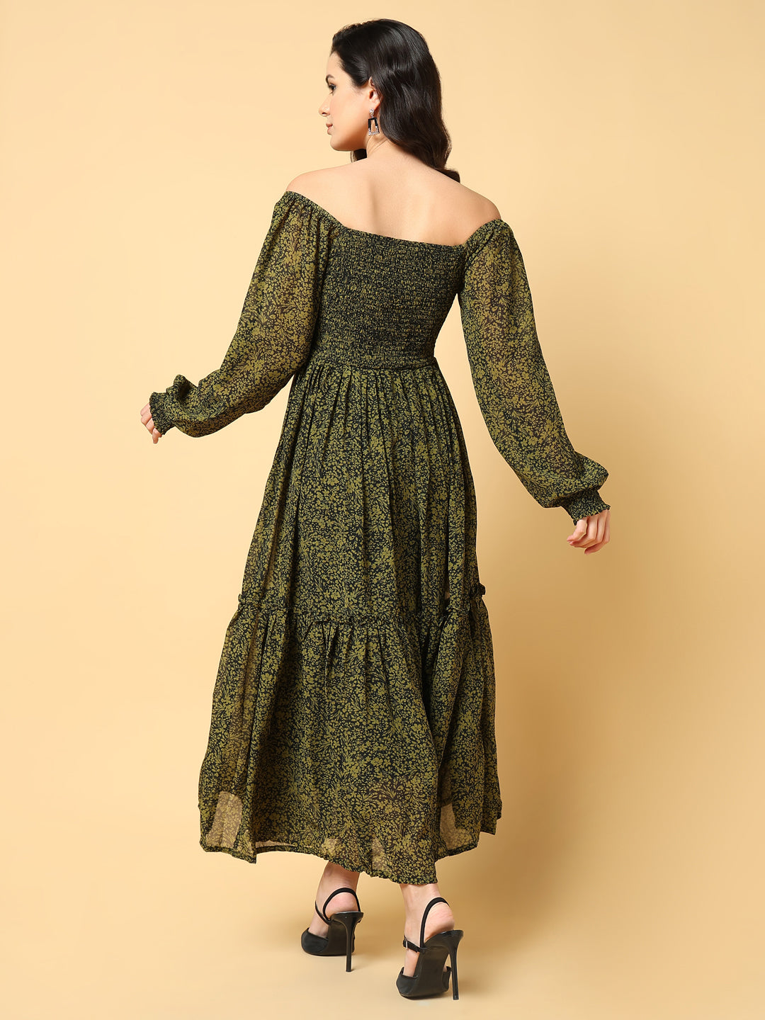 Women Printed Green Fit and Flare Dress