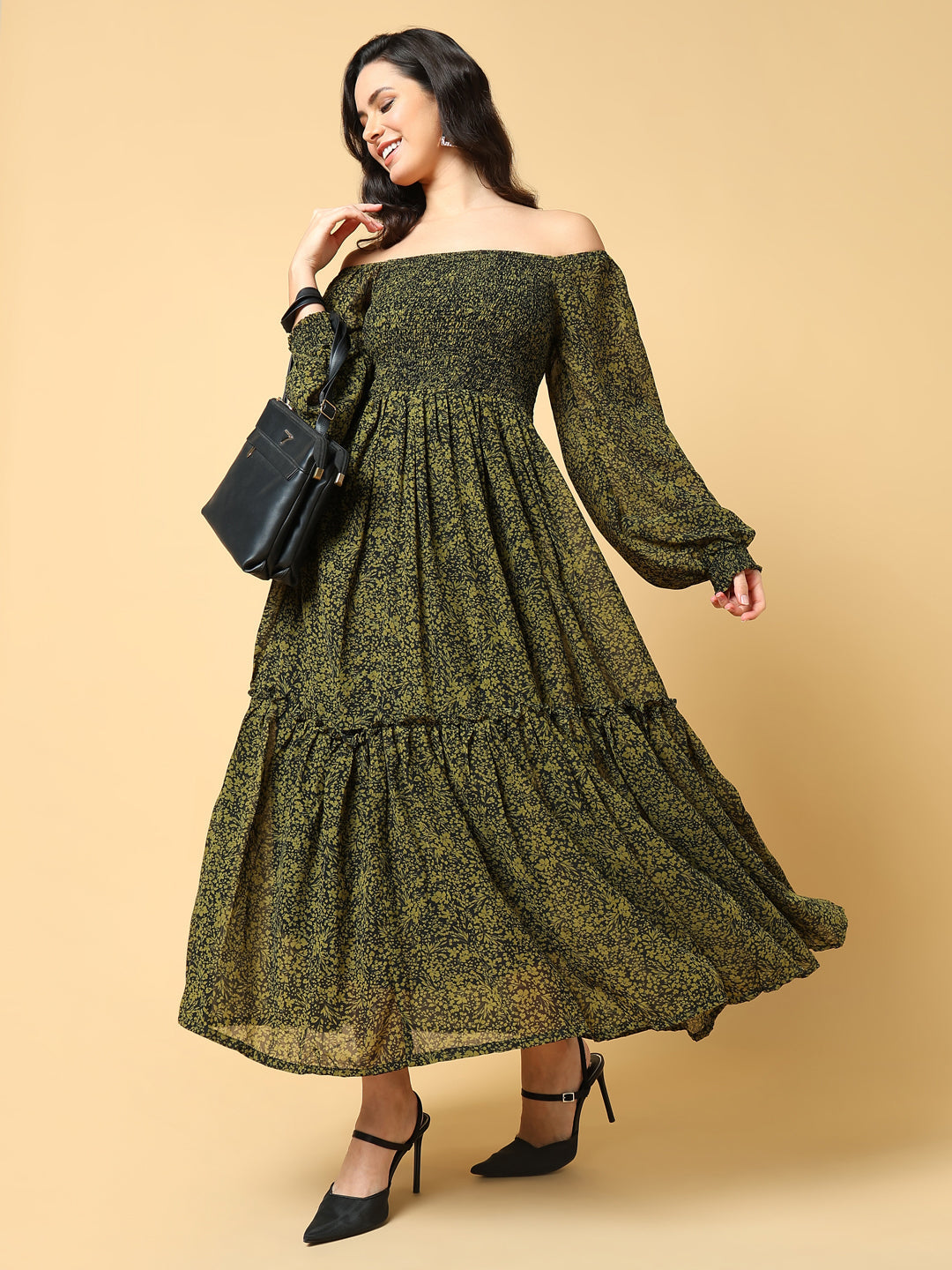 Women Printed Green Fit and Flare Dress