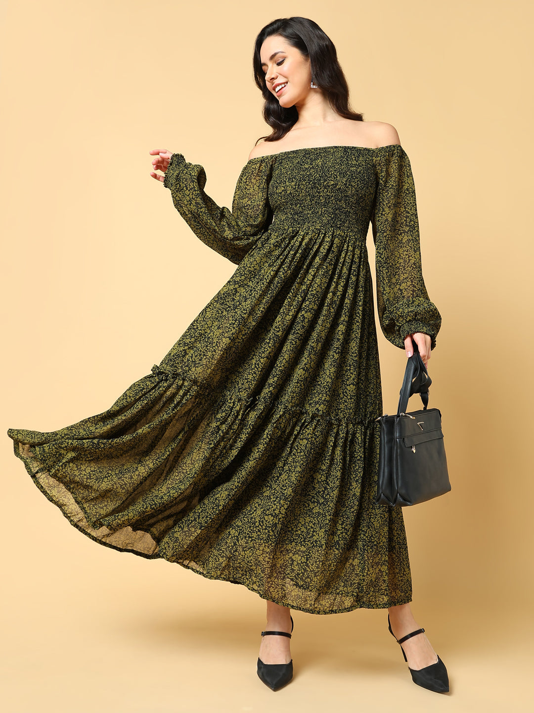 Women Printed Green Fit and Flare Dress