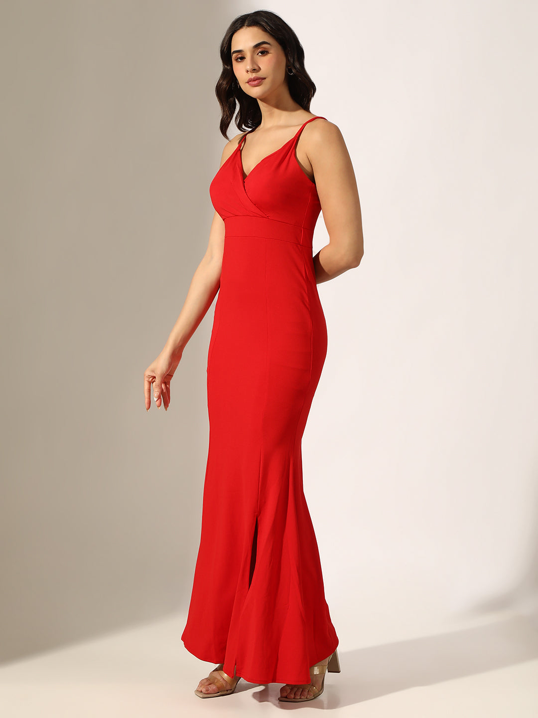 Women's Red Sleeveless Fish Cut Dress with Side Slit