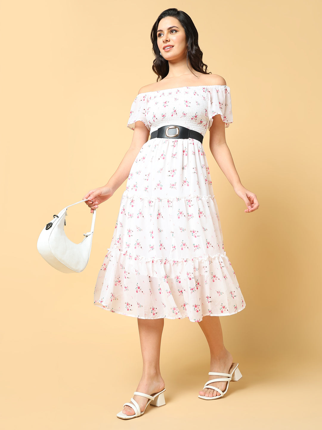 Women Printed White Fit and Flare Dress with Belt