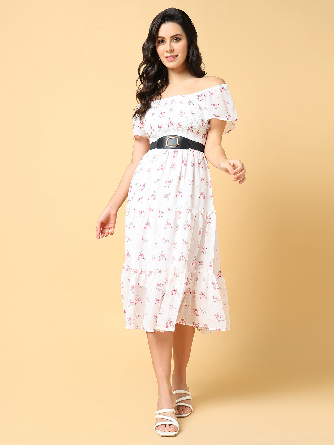 Women Printed White Fit and Flare Dress with Belt