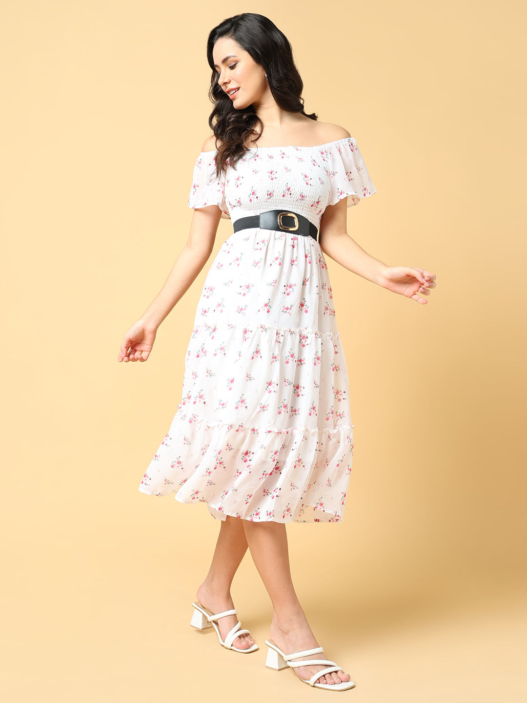 Women Printed White Fit and Flare Dress with Belt