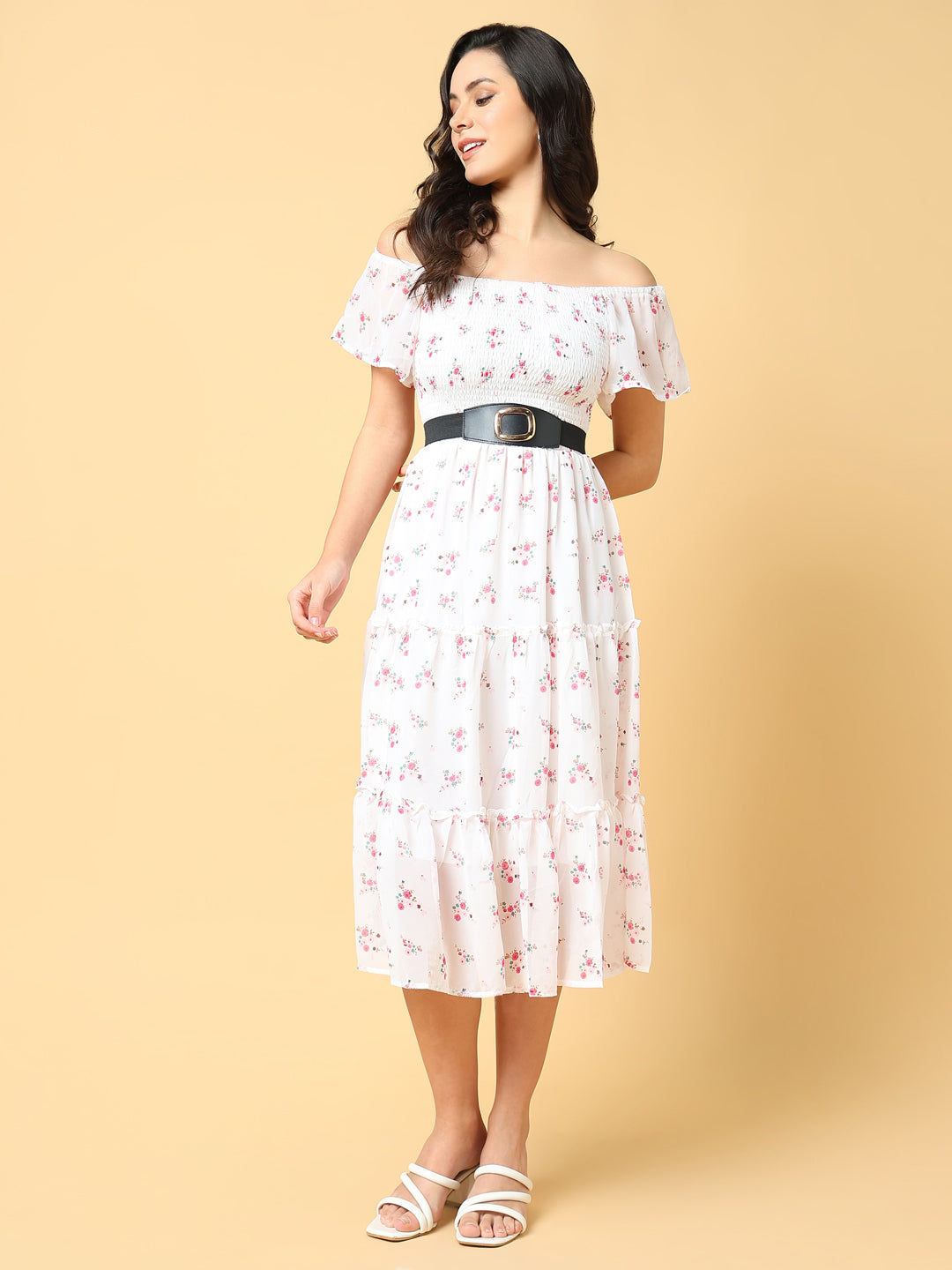 Women Printed White Fit and Flare Dress with Belt