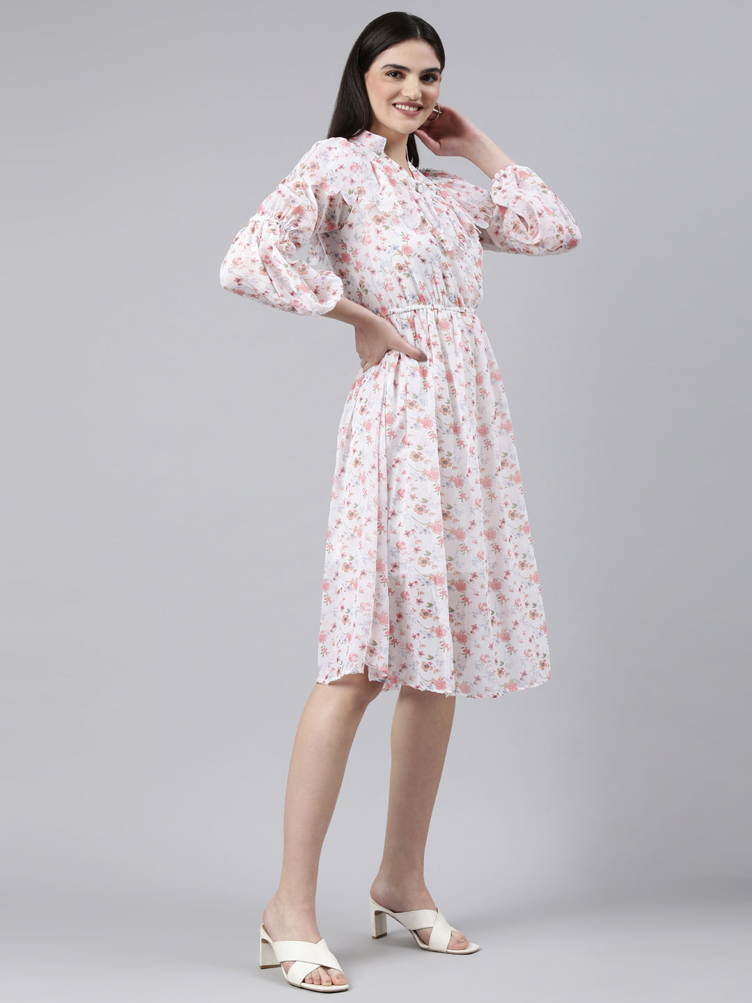 Women Mandarin Collar Printed Fit and Flare White Dress