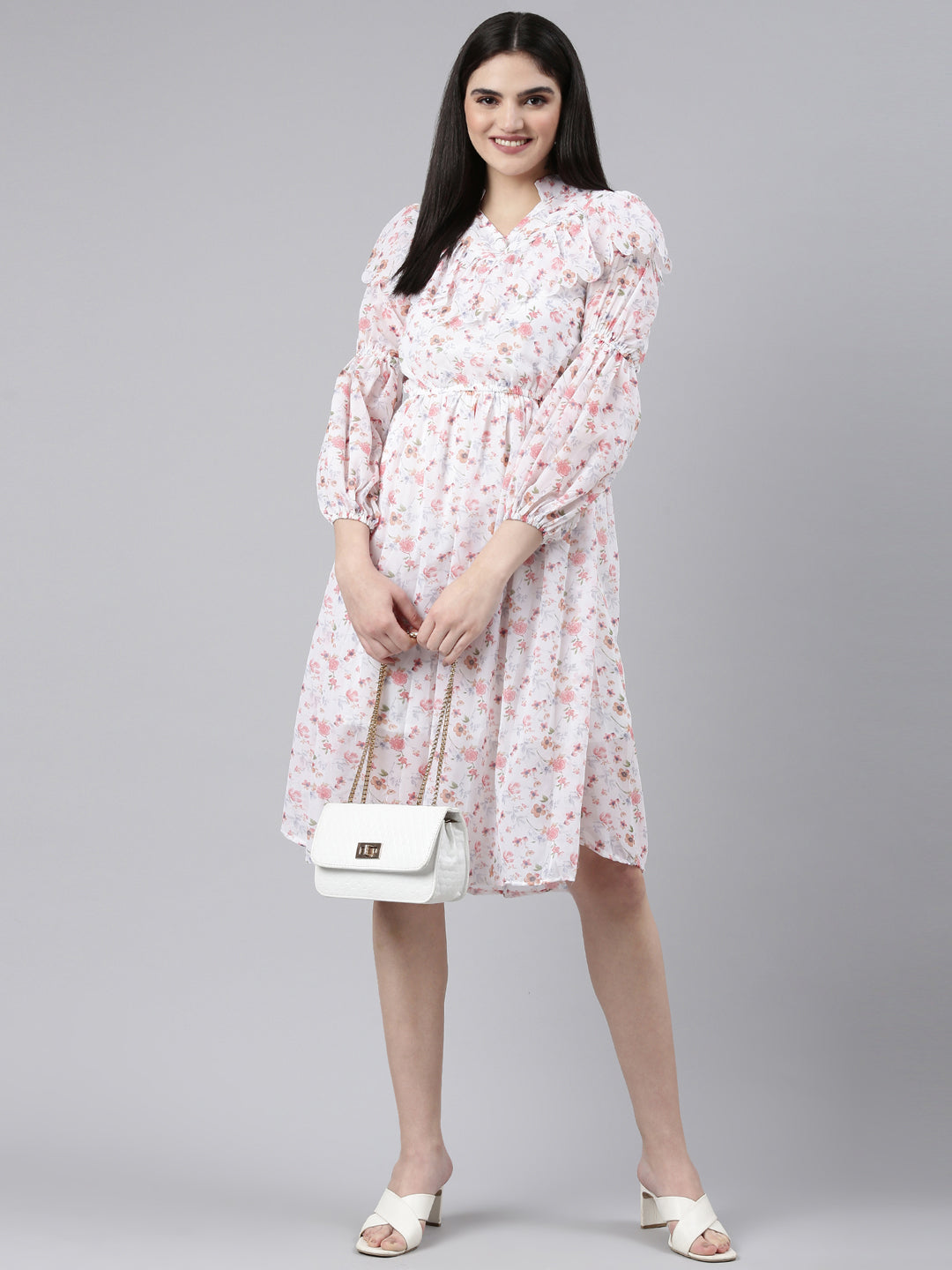 Women Mandarin Collar Printed Fit and Flare White Dress