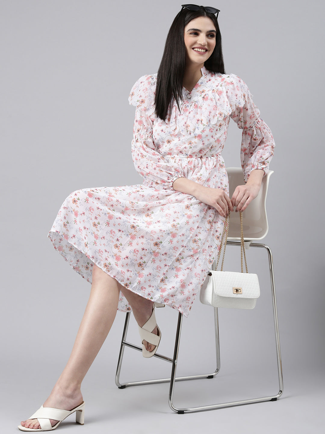 Women Mandarin Collar Printed Fit and Flare White Dress