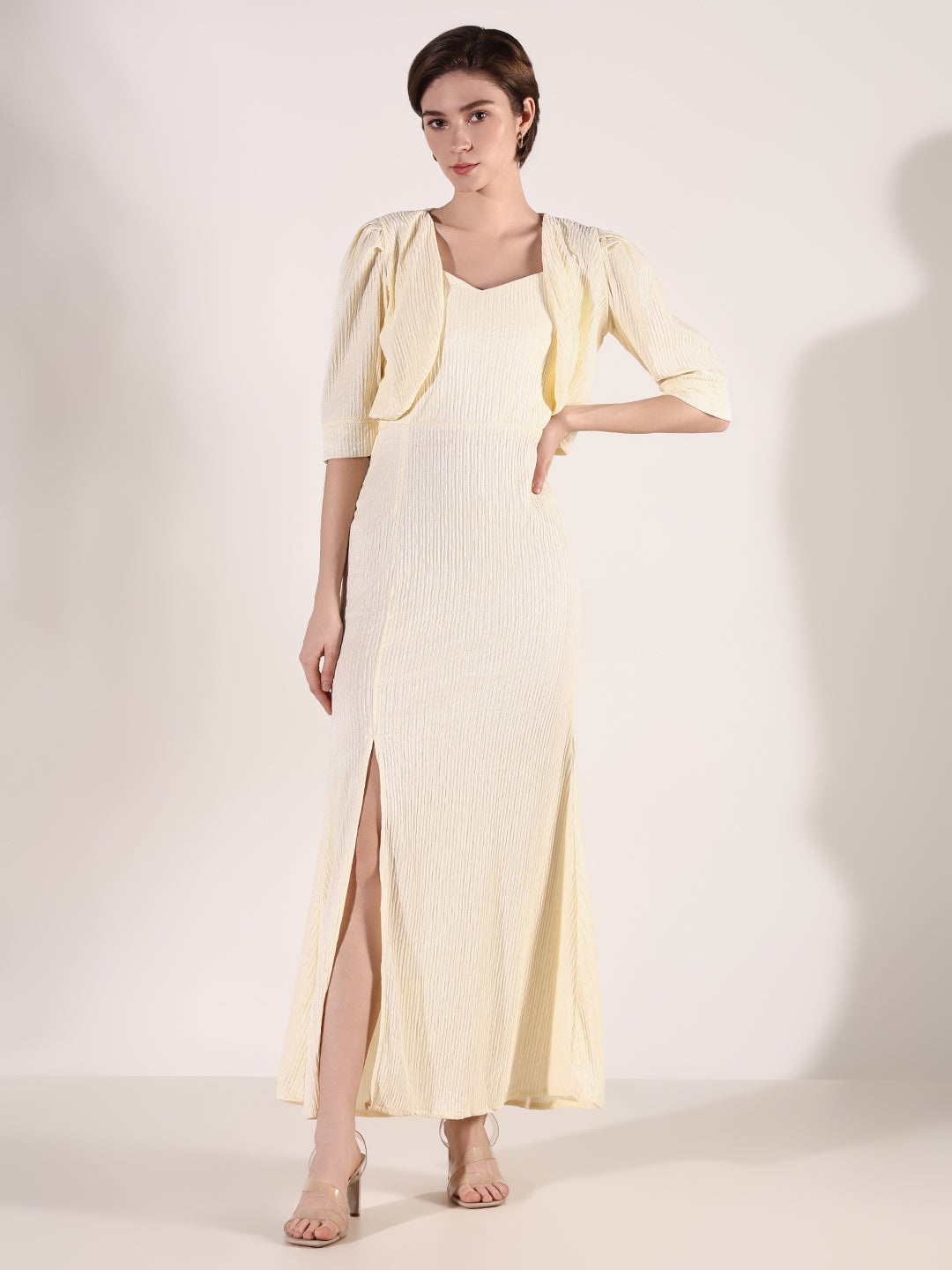 Women Cream Solid A Line Dress with Overcoat