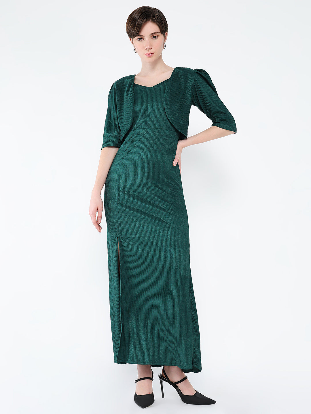 Women Solid Green A-Line Dress with Shrug