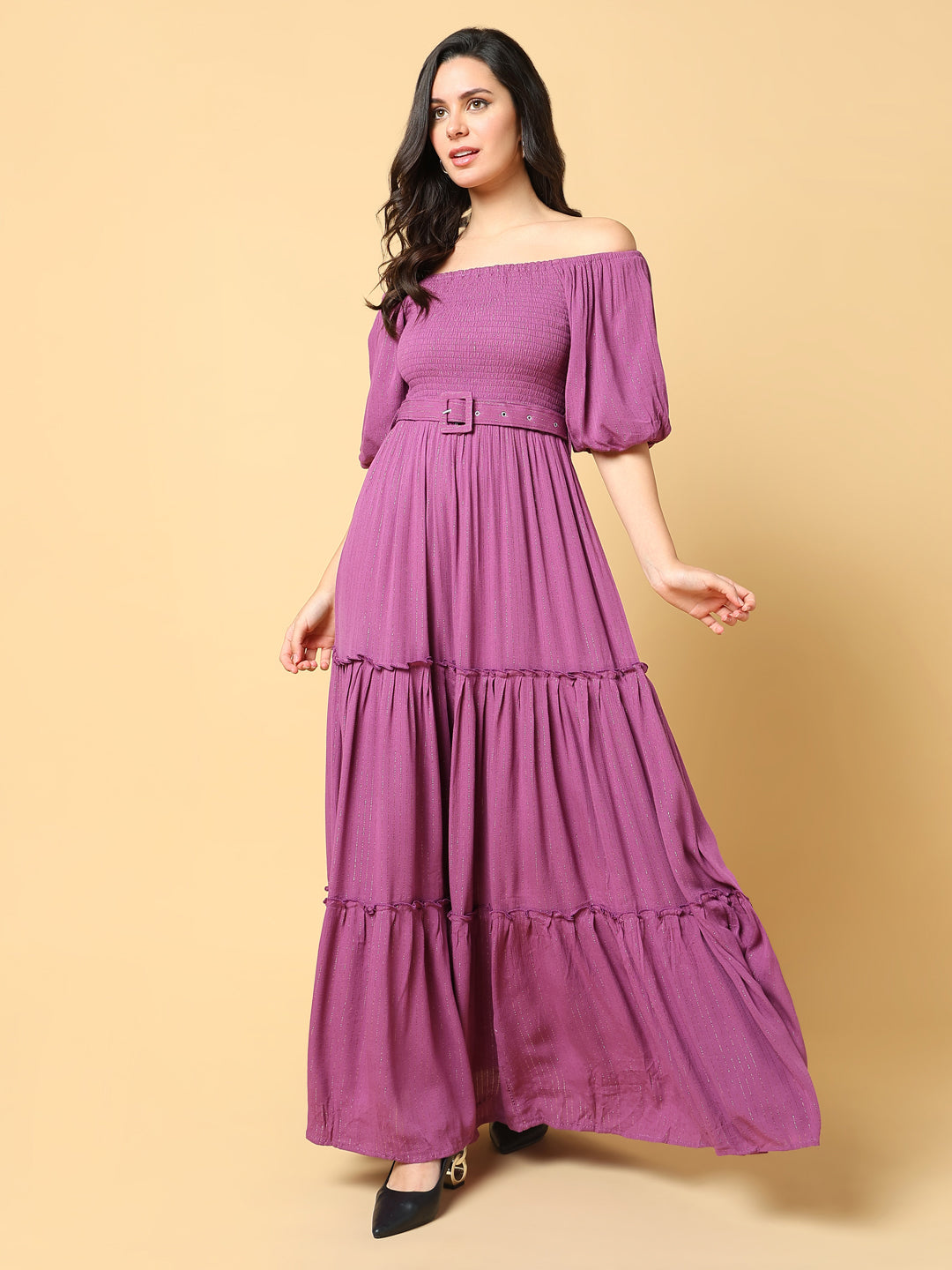 Women Solid Purple Fit and Flare Dress with Belt